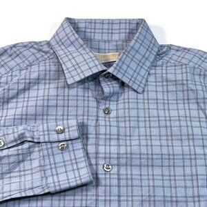 Michael Kors Button Up Shirt Mens 16‎ 32 - 33 Slim Large Blue Plaid Long Sleeve
